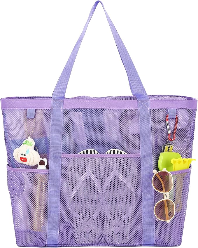 Mesh Beach Bag with Zipper, Large Beach Tote for Women, Toys Pool Swim Bag Travel Vacation Cruise Essentials