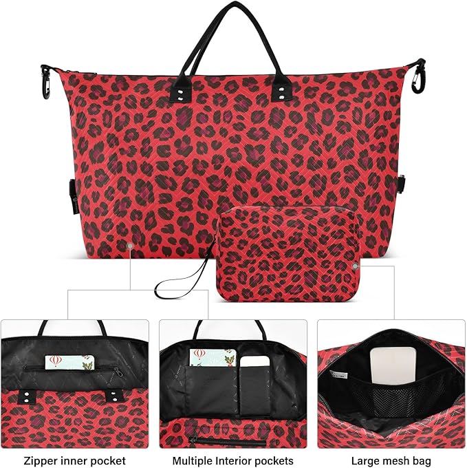 Travel Duffle Bag, Red Leopard Print Cheetah Gym Bag with Storage Bag Weekender Overnight Bag for Men Women Trip Sports Yoga