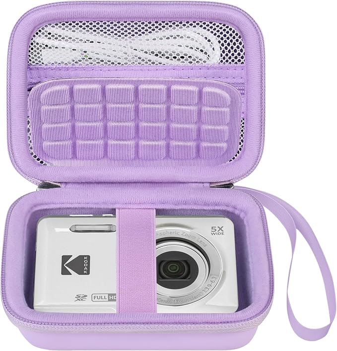 Elonbo Camera Carrying Case for KODAK PIXPRO FZ55 / FZ53 / FZ45 / FZ43 16MP Digital Camera, Vlogging Camera Storage Holder Travel Bag, Mesh Bag Fits Batteries, Cable, Memory Card, Card Reader,Purple