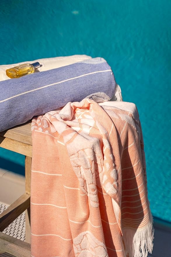 SOFE H&L | LINVIA Foutah Quick Dry Beach Towel Pack of 1 (35” x 70”) CARETTA - Coral | Lightweight, Premium, Fade Resistant, Durable | Travel Towel, Turkish Beach Towel with Shoulder Strap