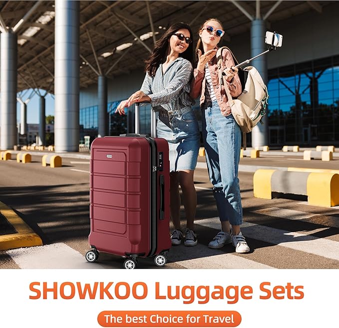SHOWKOO Luggage Sets 3 Piece Expandable 100% PC Durable Hardshell Suitcase with Wheels TSA Lock Lightweight Luggage Wine Red