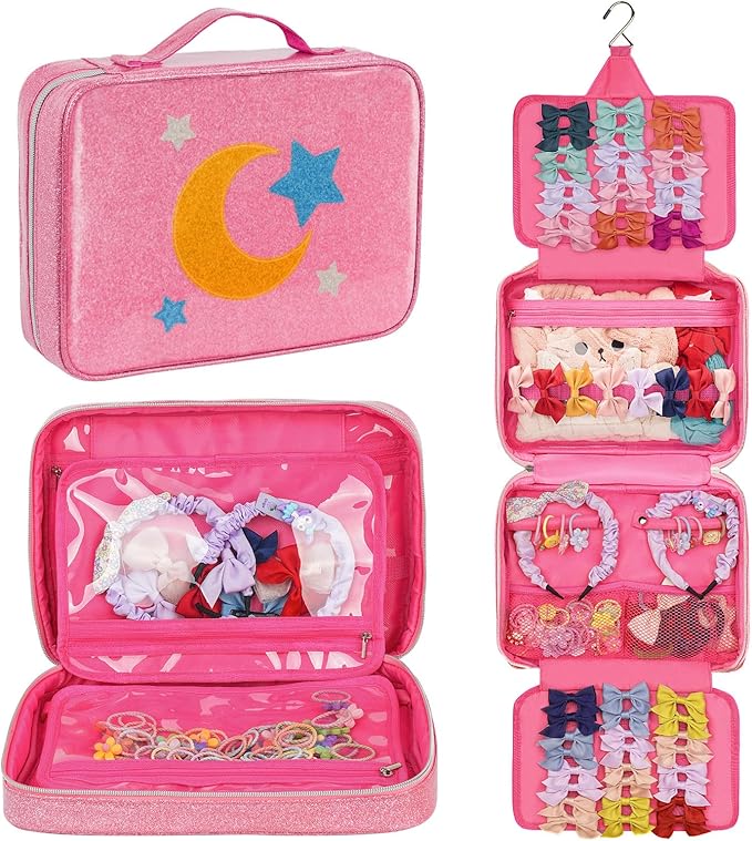 Hair Accessories Organizer, Dust-proof Bow Holder for Baby Girls, Travel Hair Storage Bag for Hair Clips, Headbands, Scrunchies and Hair Ties(Pink)
