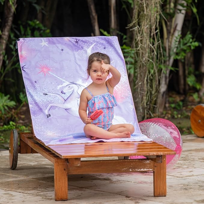 Kids Beach Towel – Quick-Dry Microfiber Pool Towel, Thin, Sand-Free, Perfect for Camping, Travel, Summer Camp, Cruise Essentials – Unicorn, Purple, 30" x 60"