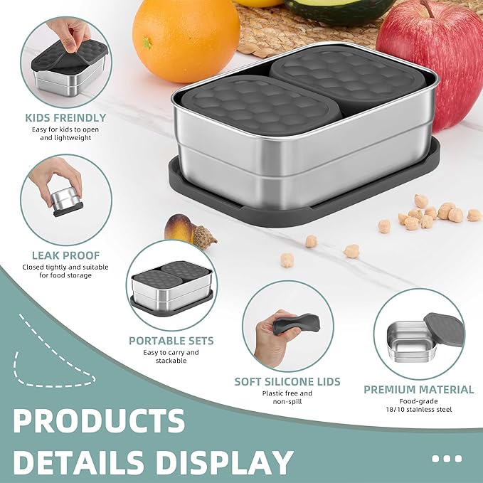 HaWare 8oz*2+25oz Stainless Steel Lunch Box for Kids, Leak Proof Lunch Containers with Silicone Lids, Easy Open Food Storage Container for School and Daycare, Portable Metal Bento Box, Dishwasher Safe