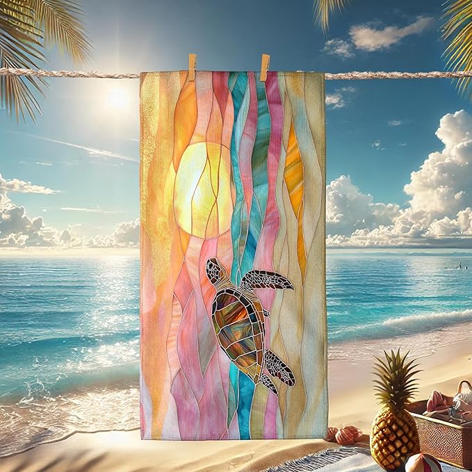 Colorful Turtle Beach Towel Pastel Waves Summer Travel Towel, Quick Dry Absorbent Lightweight Sand Free Pool Blanket, Outdoor Vacation Essentials 62x31 Inch