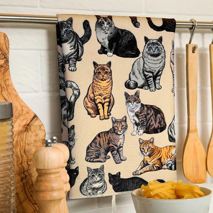 Bencailor 6 Pcs Cat Kitchen Towels Cute Cat Dish Hand Towels Farm Animal Tea Washcloth for Bathroom Kitchen Fall Autumn Farmhouse Decor 24 x 16''