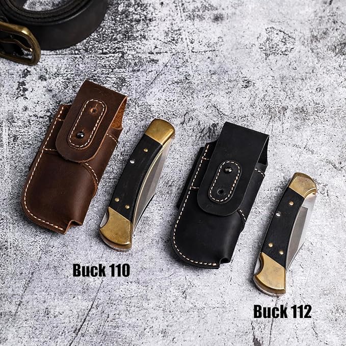 Topstache Leather Pocket Knife Sheath - Belt Loop EDC Belt Organizer - Horizontal Carry Knife Holder- Multitool Sheath with Two Snap Closure for Folding Knife, Darkbrown