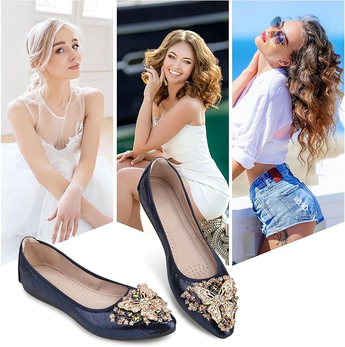 KUNWFNIX Women Ballet Flats Rhinestone Wedding Ballerina Shoes Foldable Sparkly Comfort Slip on Flat Shoes