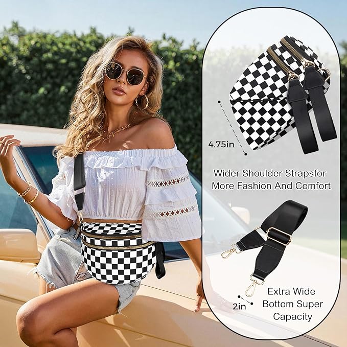 Spacious Nylon Checkered Crossbody Bum Bag for Women, Fashion Checkerboard Fanny Pack Purse with Anti-theft Pocket, Adjustable Wider Strap Wasit Bag (Black-White)