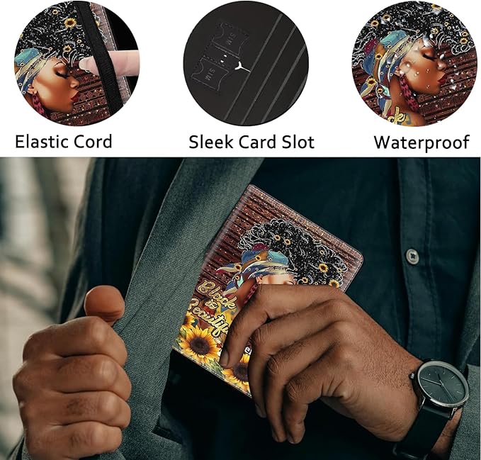 Passport Holder Women Wallet with Luggage Tag, Leather Passport Cover with RFID Blocking, Travel Accessories Multi Card Slot Passport Case for Men，African American Girl Sunflower