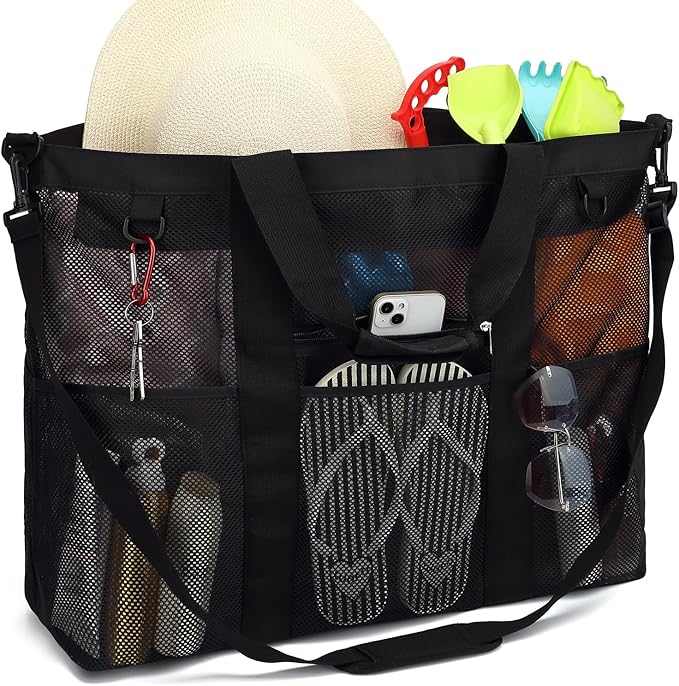 Mesh Beach Bag, Large Beach Tote with Zipper Pocket, Toys Pool Bag for Family Travel Vacation Cruise Essentials