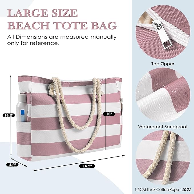Pleneal Beach Bags For Women - Large Beach Bags with Zipper Waterproof Sandproof Swim Pool Beach Bag