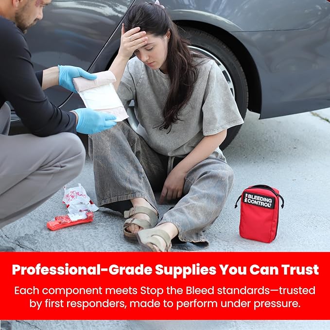 Basic Bleeding Control Kit from iThrive Medical - Stop The Bleed Kit with CAT Tourniquet, Trauma Dressing, Gauze & More - Public Access Emergency First Aid Kit in Red Nylon Bag