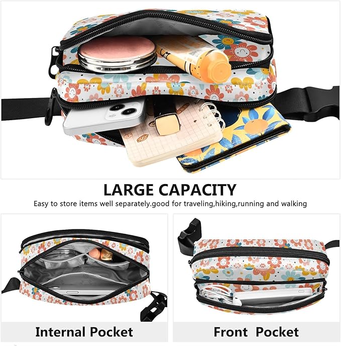 Cute Flowers Smiling Faces Fanny Pack for Women Men Water Resistant Fashion Waist Packs with Adjustable Strap Belt Bag for Travel Workout Jogging Hiking 21220449