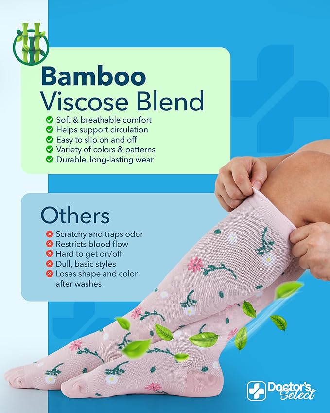 Doctor's Select Bamboo Viscose Light Compression Socks for Women & Men - 3 Pairs, 8-15 mmHg Compression Socks, Knee High
