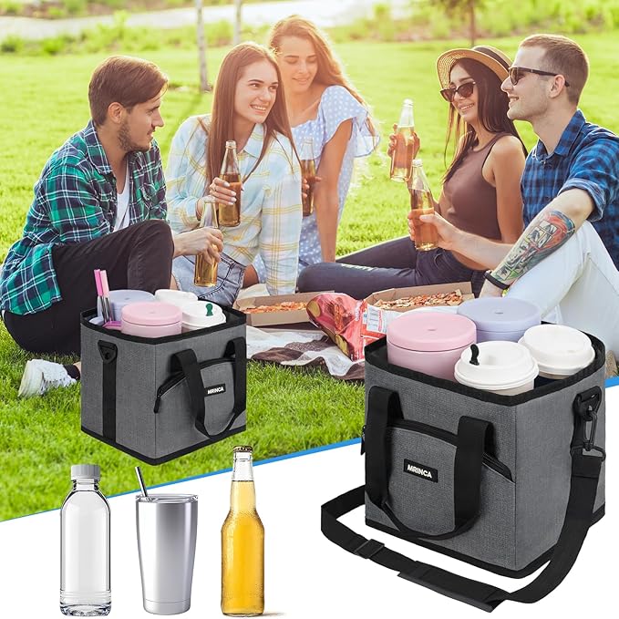 Reusable Drink Carrier with Handle – Insulated, Collapsible 4-Cup Beverage Bag with No-Spill Base, Adjustable Dividers & Shoulder Strap, Portable Caddy for Delivery, Car and Travel, Gray