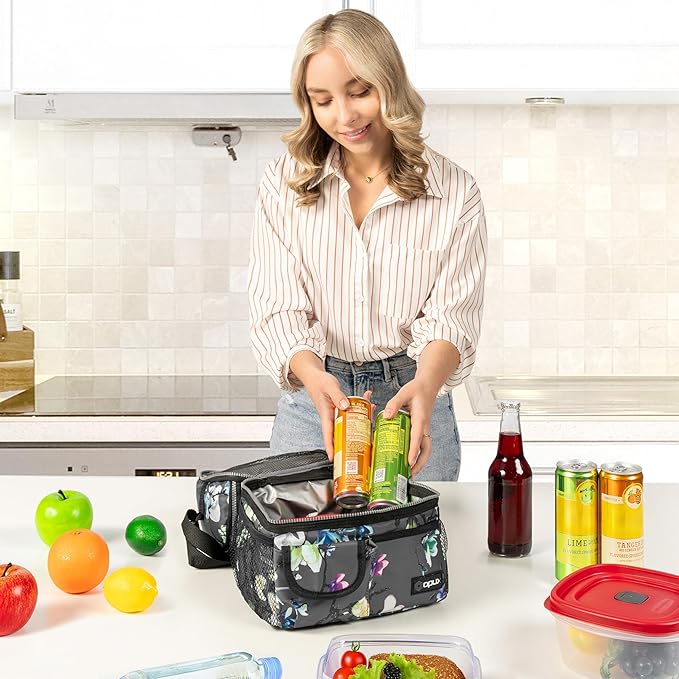 opux Lunch Bag Women Insulated, Adult Lunch Box Cooler, Flower Lunch Box, Dual Compartment Lunchbox for Work, Leakproof Double Decker Lunch Bag, Soft Lunch Pail Tote Girls Kids School, Floral Gray
