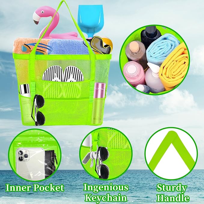 Large Mesh Beach Bag - Lightweight & Foldable Family Beach Bag with 9 Pockets for Toys, Towels & Vacation Essentials