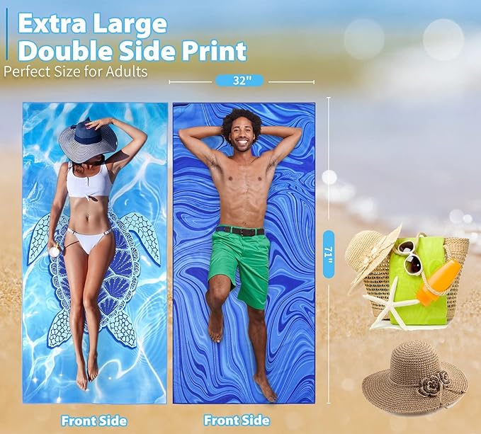 TwoYek 4 Pack Microfiber Thin Beach Towel Lightweight 71x32 Oversized Extra Large Sand Free Towels Quick Dry for Travel Pool Yoga Gym Sports Beach Accessories Vacation Essential Gift