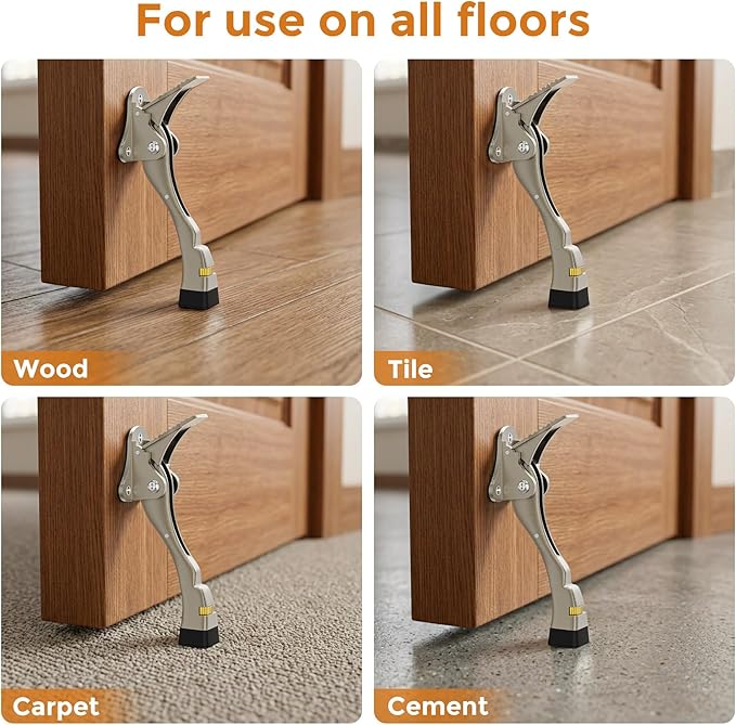 Gotega Door Stopper, 2 Packs Kickdown Door Stop with One Touch Adjustable Height and Rubber Tip 4 Inches, Heavy Duty Door Stops, Door Holder, Bottom of Door - Satin Nickel