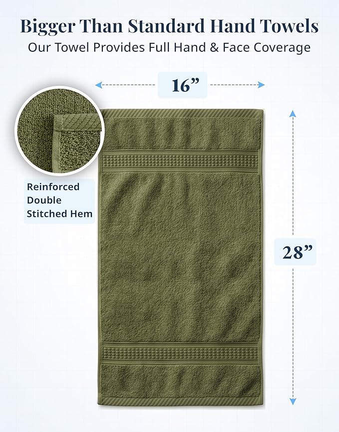 LANE LINEN Bath Hand Towels for Bathroom - 6 Pack (16" x 28"), 100% Cotton Hand & Face Towels Set - Soft, Prevent Fraying & Machine Washable - Everyday Family Towel, Gets Softer Each Wash - Oil Green