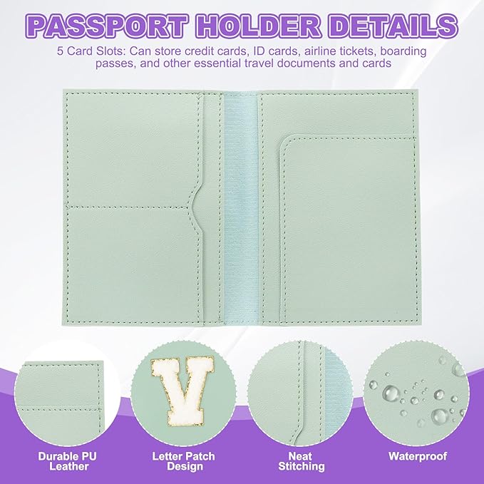 PATIKIL Passport Holder for Travel, Initial Passport Cover and Luggage Tag Set with Alphabet Chenille Letter Patch Travel Wallet Bag Suitcase Identifier for Women Family Travel Green V