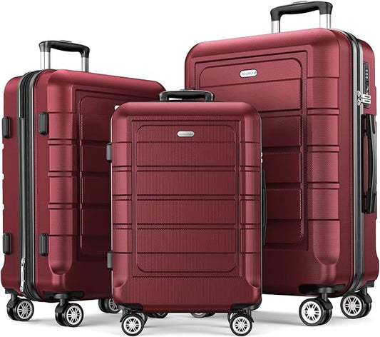 SHOWKOO Luggage Sets 3 Piece Expandable 100% PC Durable Hardshell Suitcase with Wheels TSA Lock Lightweight Luggage Wine Red