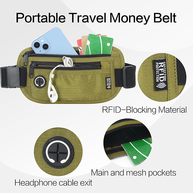 Slim RFID Blocking Money Belt for Travel - Anti-Theft Hidden Passport Holder Waist Wallet with Secure Pouch for Cash, Credit Cards & Phone Safe (Olive-green)