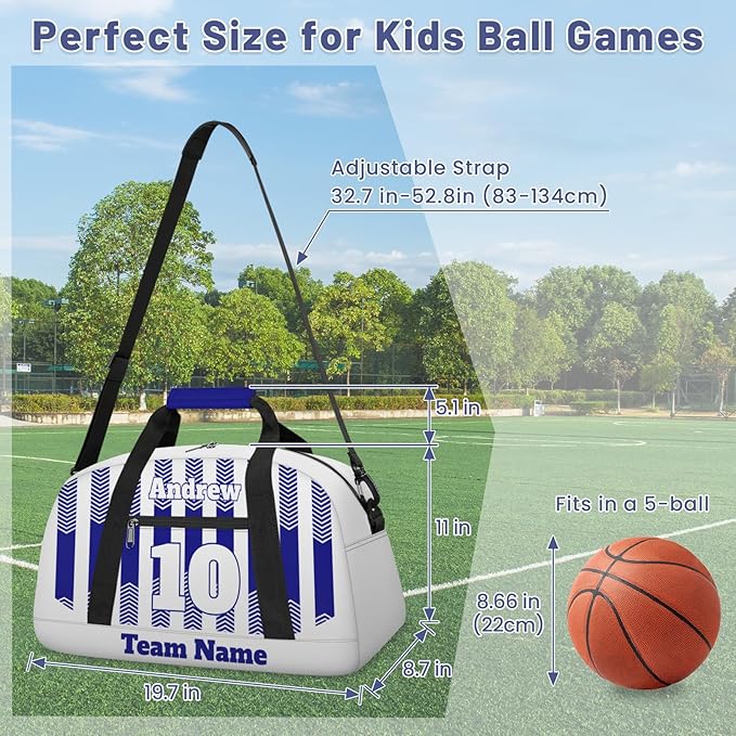 Basketball Soccer Gifts for Boys Girls - Custom Sports Duffle Bag, Personalized Name & Team Bag, Water-Resistant Gym Bag for Basketball, Soccer, Volleyball | Y-Navy White