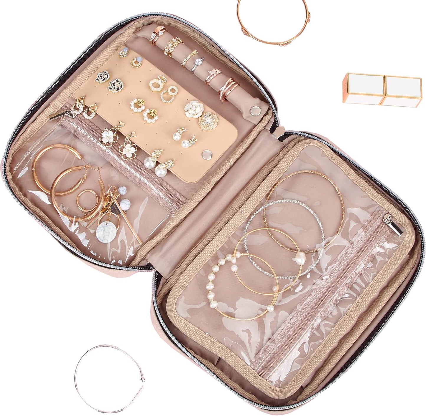 BELALIFE Travel Jewelry Organizer, Portable Storage Case for Earrings, Rings, Necklaces, Bracelets, Pink