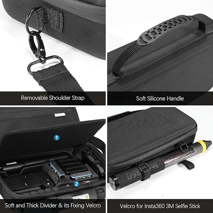 AMAZEAR Carrying Case for Insta360 X5 Accessories, Insta 360 X5 X4 Air Action Camera Waterproof Travel Carry Bag with Shoulder Strap, Compatible with 3M 9.8ft 2-in-1 Selfie Stick Tripod, Pure Black