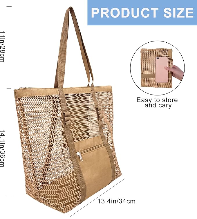 Mesh Beach Bags for Women with Zipper Foldable Hobo Tote Bag Vacation Shoulder Bags for Swimming Pools