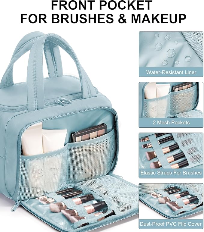 Travel Toiletry Bag for Women, Lightweight Large Quilted Puffy Makeup Bag Wide-open Make up Organizer Cloud Cosmetic Bag w/Handle for Traveling Toiletries Essentials Accessories Light Blue