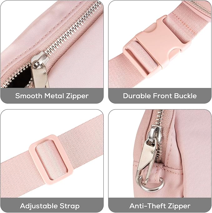 Fanny Packs Anti Theft for Women Travel, Small Belt Bag, Cute Waist Everywhere Pack for Cross Body with Adjustable Strap & Back Pocket for Teens Vacation, Workout - Pink
