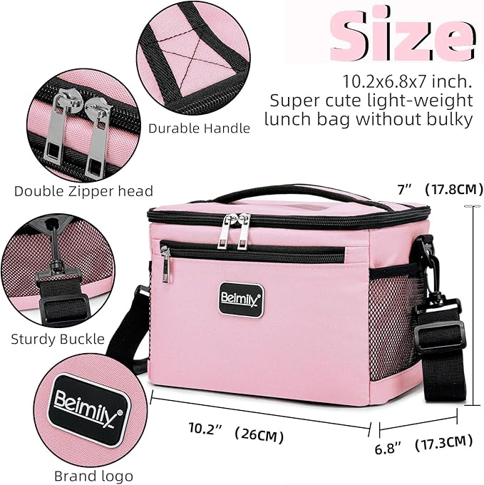 BEIMILY Lunch Box for Men/Women,Small Insulated Lunch Bag,Reusable LunchBox for work Picnic Hiking Beach,Leakproof Soft Cooler Tote Bag Organizer with Adjustable Shoulder Strap for Adults(Pink)