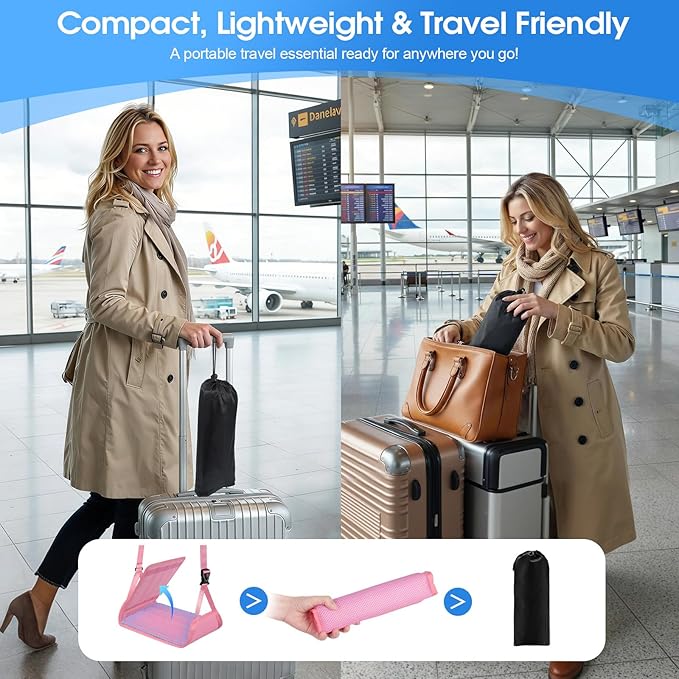 Airplane Foot Rest - Lightweight Foot Hammock for Plane Travel with Adjustable Strap & Thick Board, Tray Table Under Desk Footrest to Relax Feet, Travel Essentials for Long Flights(Pink)