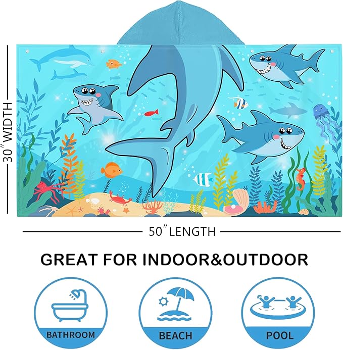 Bonsai Tree Shark Hooded Beach Towel for Kids, Cool Ocean Fishes Bath Towel with Hood for Boys, Funny Sea Animals Microfiber Super Absorbent Soft Poncho Bathrobe for Swin Pool 30”x50”