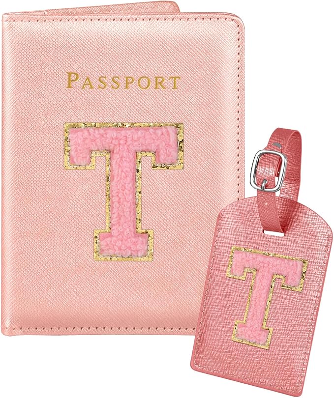 Slohif Passport Holder Initial Lugguage Tag Set Suitcase Cover Wallet Case for Travel Women - Leather Letter Passport Book Personalized Organizer Card Protector Sleeve Essentials Slim Carrier Red T