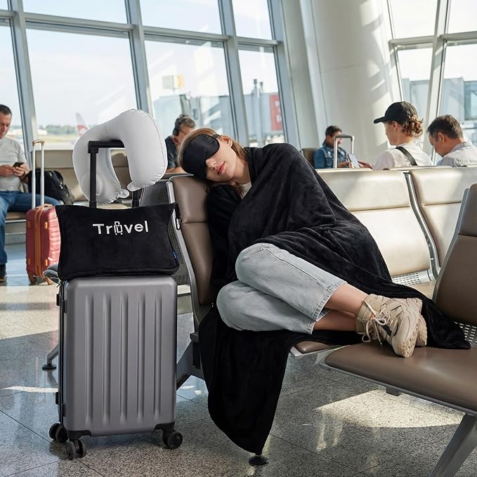 Bedsure Travel Blanket and Pillow Set with Inflatable Neck Pillows, Eye Mask and Storage Bag, Lightweight 3-in-1 Airplane Packable Blanket, Compact Travel Essentials, Black
