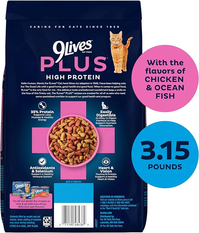 9Lives Plus High Protein Dry Cat Food, 3.15 lb. Bag (Pack of 4)