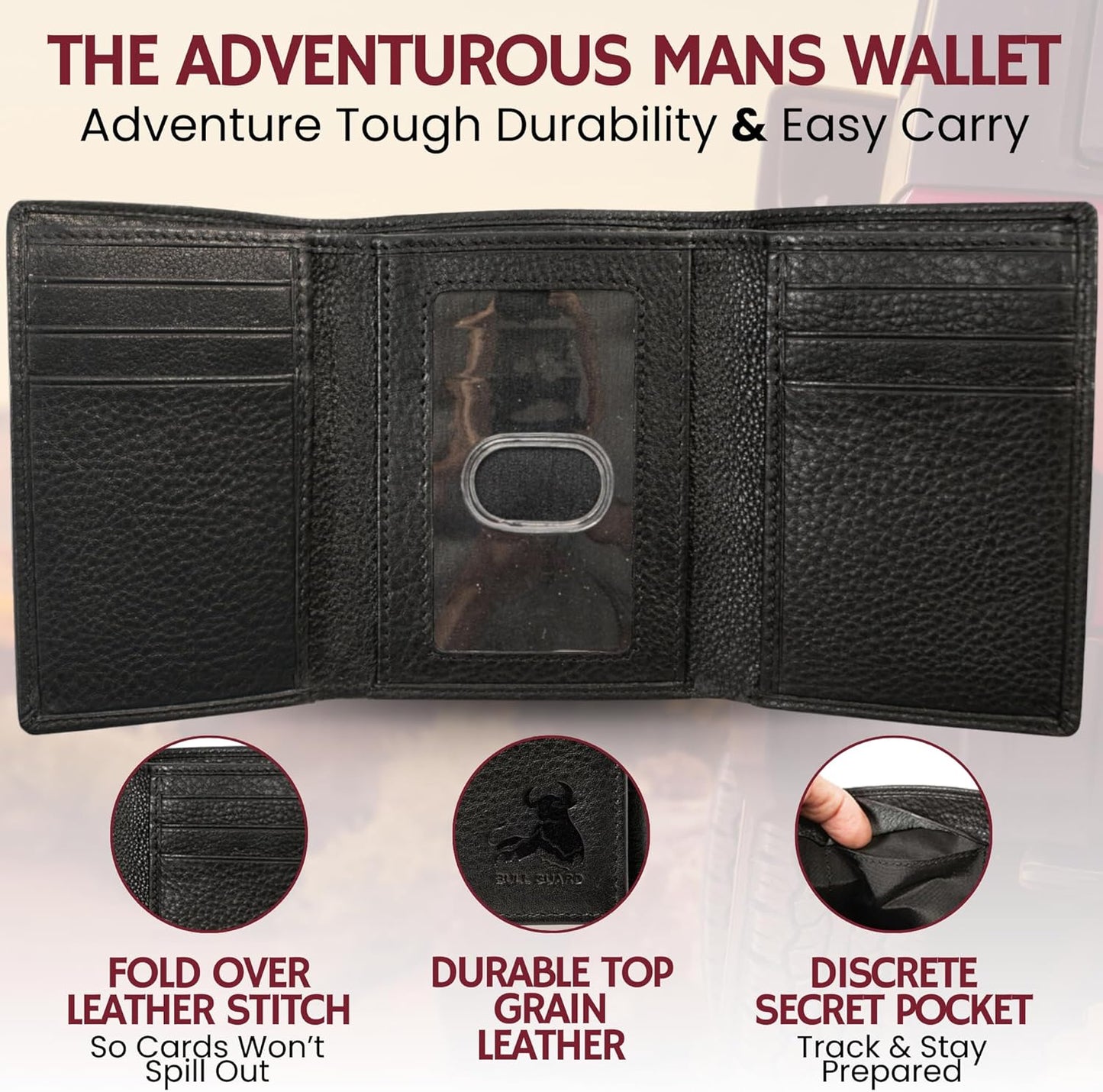 BULL GUARD Mens RFID Wallet, Black Top Grain Genuine Leather, ID and Secret Pocket, Trifold for Work, Sport, Outdoors