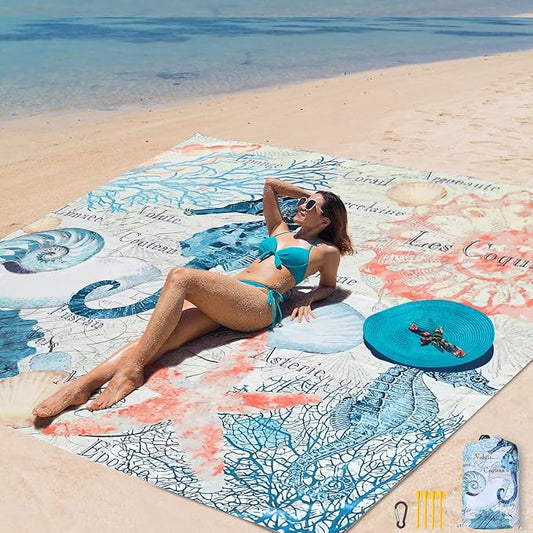 AISPARKY Beach Blanket Waterproof Sandproof Extra Large, Oversized Beach Mat, Quick Drying&Compact&Lightweight, Picnic Blankets Vacation Essentials for Outdoor Beach Camping (79" X 83" (4 Person))