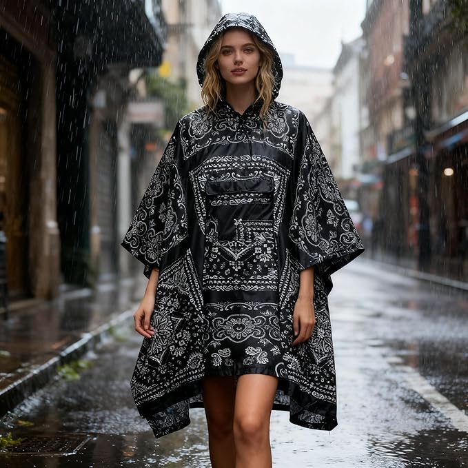 Hooded Rain Poncho for Adults - Waterproof Rain Coat and Lightweight Jacket 3-in-1 Multi-Function with Pockets