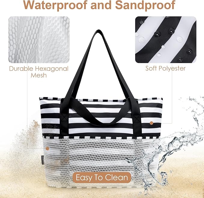 KABAQOO Large Beach Bag Waterproof Sandproof Tote Bag for Women with Zipper & Mesh Pockets for Pool Swim Travel Everyday