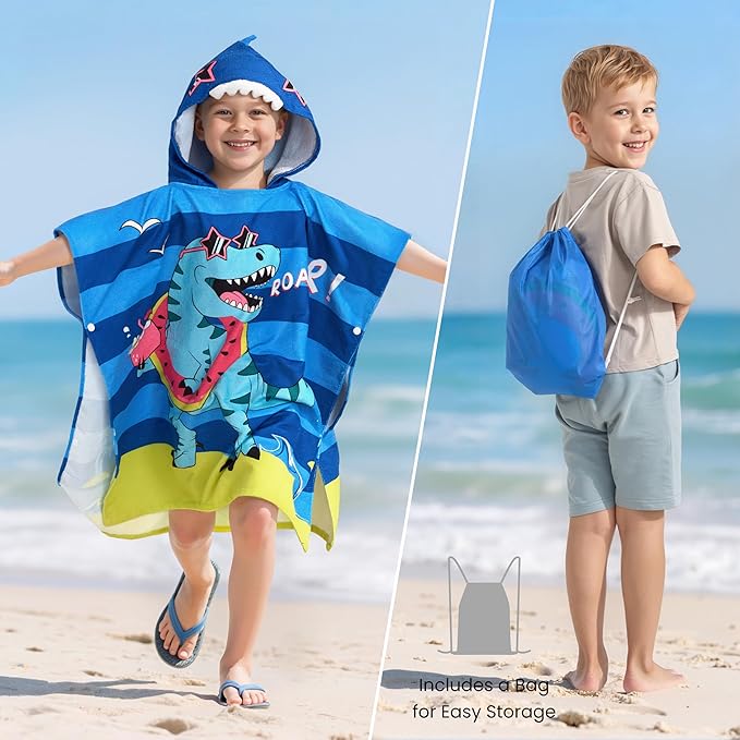 Joiedomi Kids Beach Towels with Hood for Boys Blue Dinosaur Hooded Toddler Bath Towel Quick Dry Soft Microfiber 30"x30"