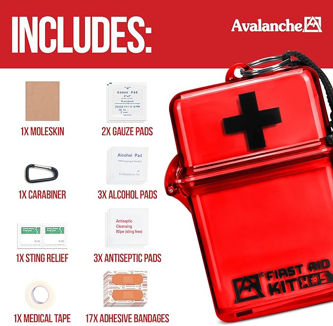 Avalanche Mini First Aid Kit, 30 Pcs Emergency Supplies Kit in Waterproof Case for Home, Car, Travel, Sports or Camping, First Aid Kit in Hard Case & Carabiner, Red
