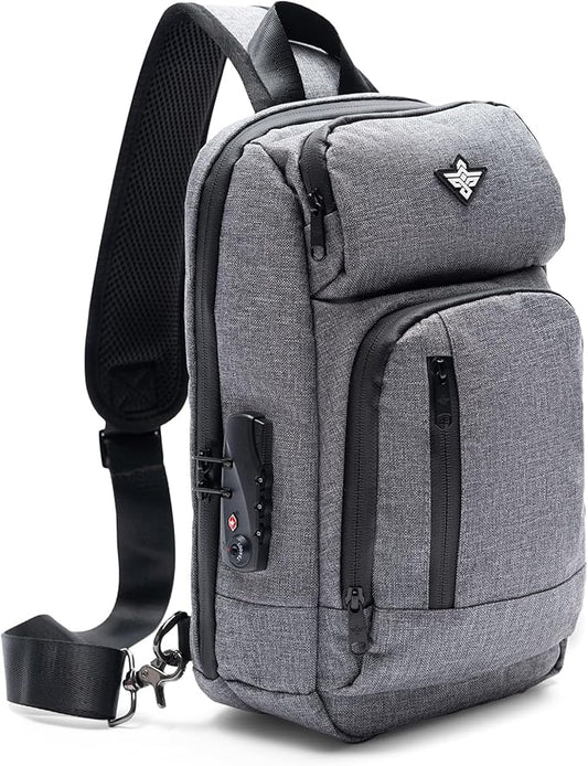 Equinox Sling Backpack Anti Theft Combination Lock Chest Shoulder Bag Waterproof Crossbody Casual Daypack (Grey)