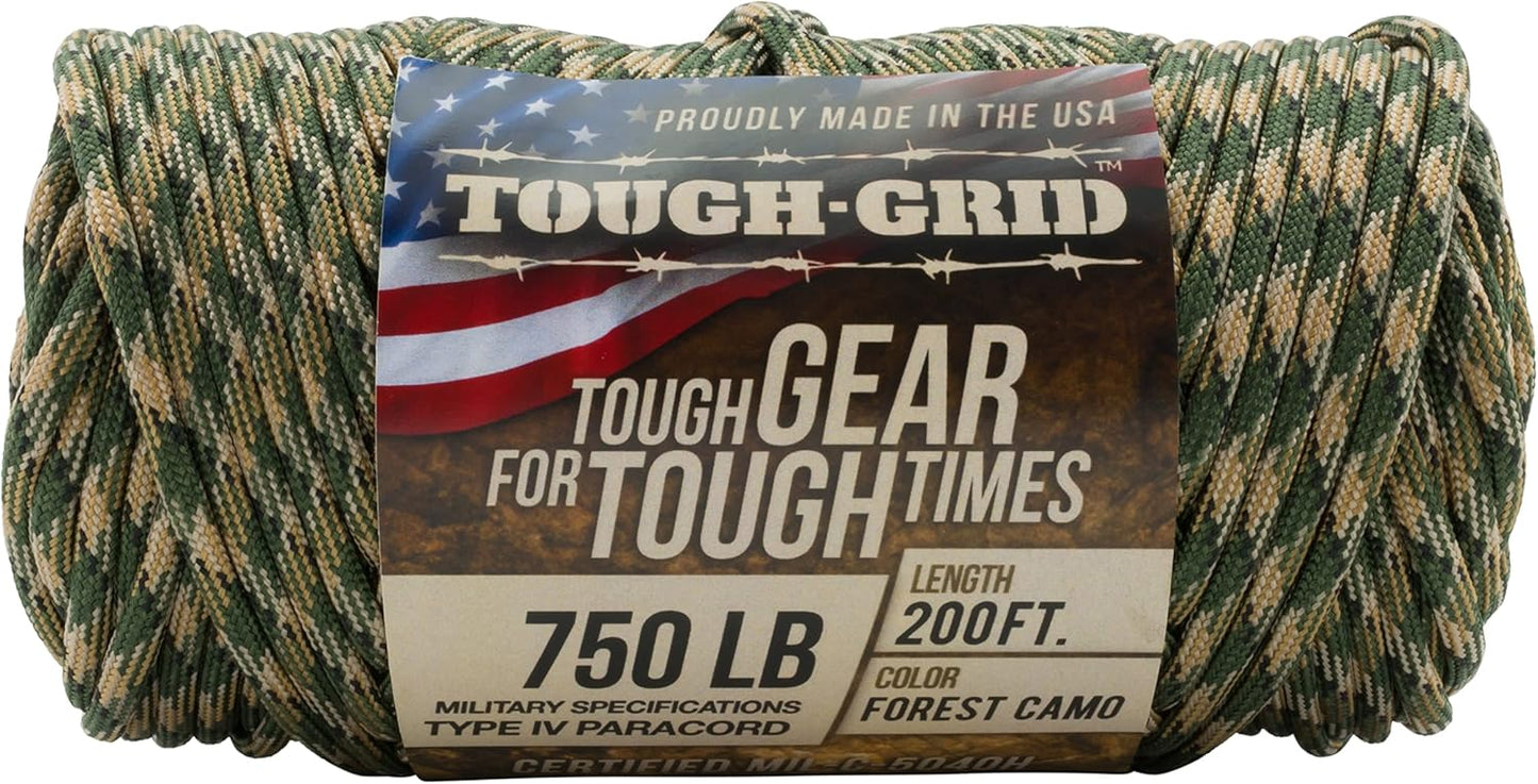 TOUGH-GRID 750 Paracord Rope Nylon Parachute Cord, Made in USA Survival Kit, Outdoor Adventures, Camping, Tactical Gear & Emergency Supplies, Military Type IV Mil-Spec