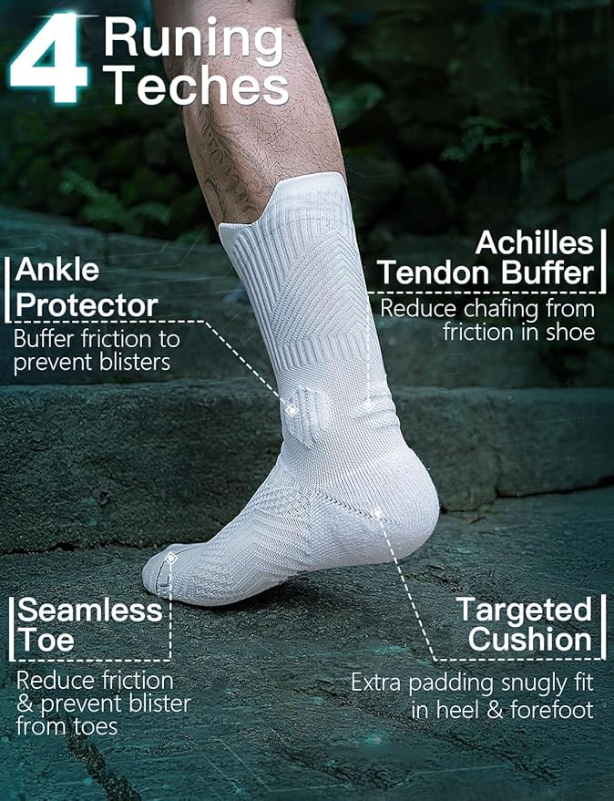 Compression Running Socks, Bamboo Viscose Coolmax Moisture-Wicking Anti-Blister Athletic Hiking Workout Gym Padded
