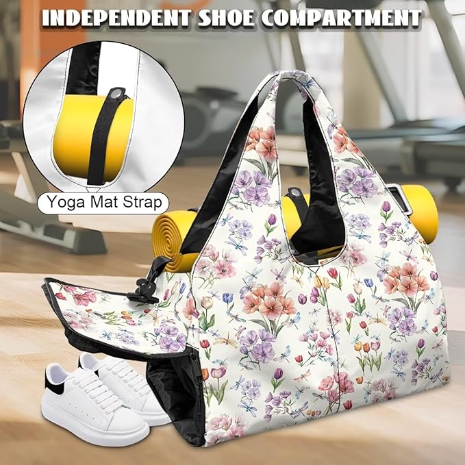 Tulip Floral Print Gym Bag for Women Duffle Bag with Shoe Compartment and Yoga Mat Holder Carry On Tote Bags for Sports Travel Hospital Fitness Swim Elegant Tote Bags with Zipper